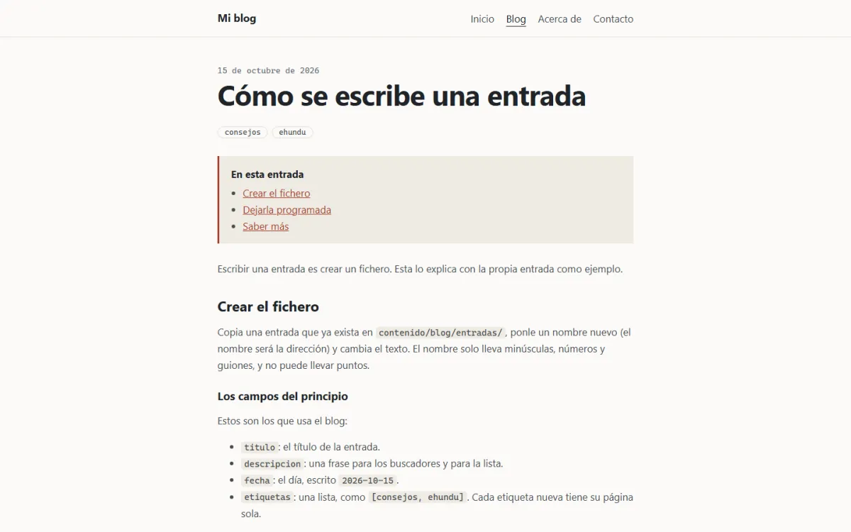 Una entrada del blog, con su fecha, sus etiquetas y un índice de sus apartados