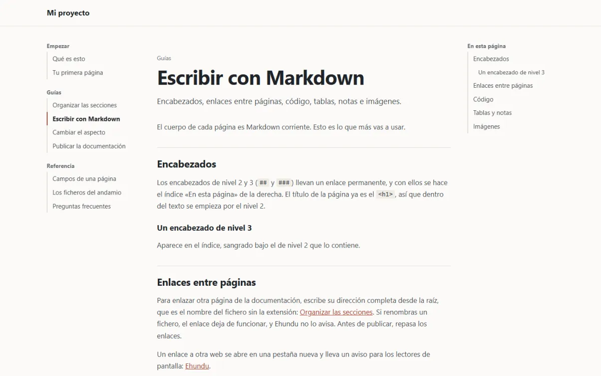Una página de la documentación, con el menú de secciones a la izquierda, el texto en el centro y el índice de la página a la derecha