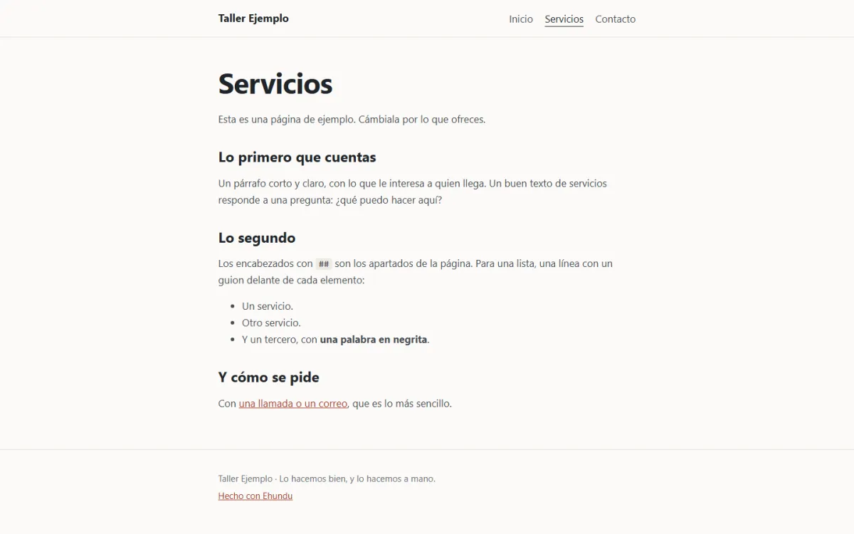 La página de servicios, con apartados y una lista de ejemplo