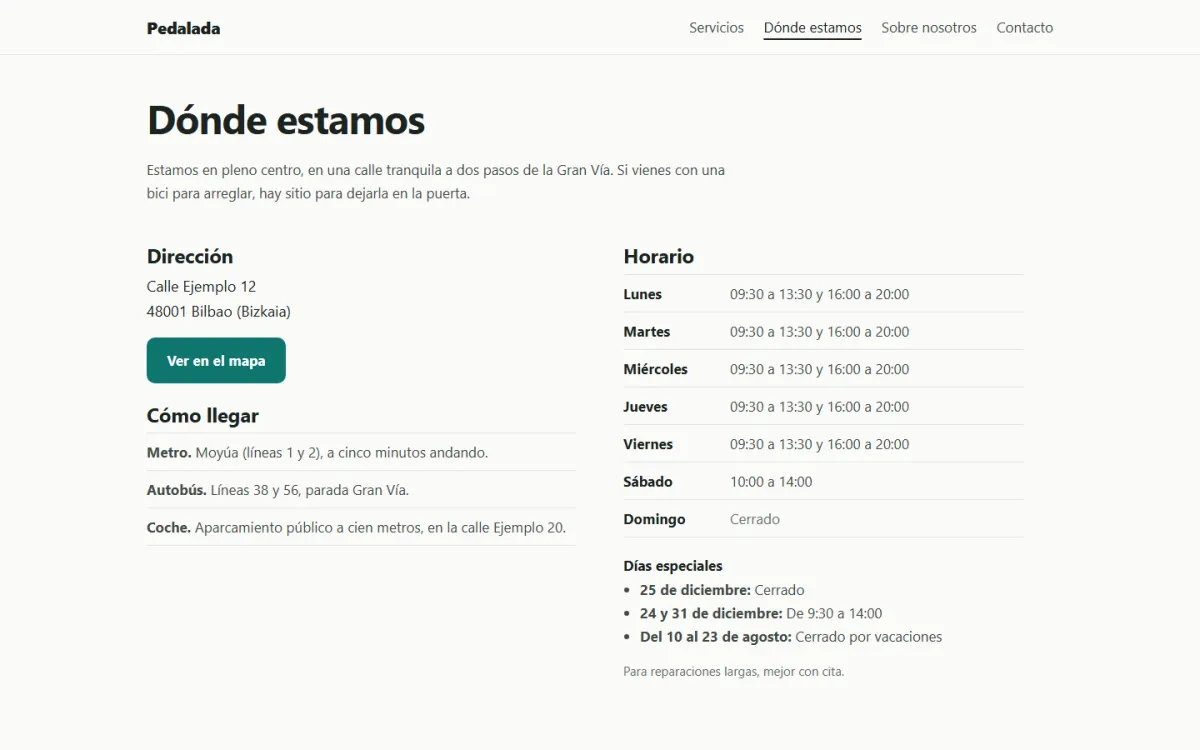 La página de dónde estamos, con la dirección, cómo llegar y el horario de la semana con sus días especiales