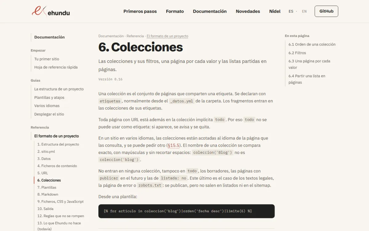 Una página de la referencia del formato, con el menú de la documentación a la izquierda y el índice de la página a la derecha