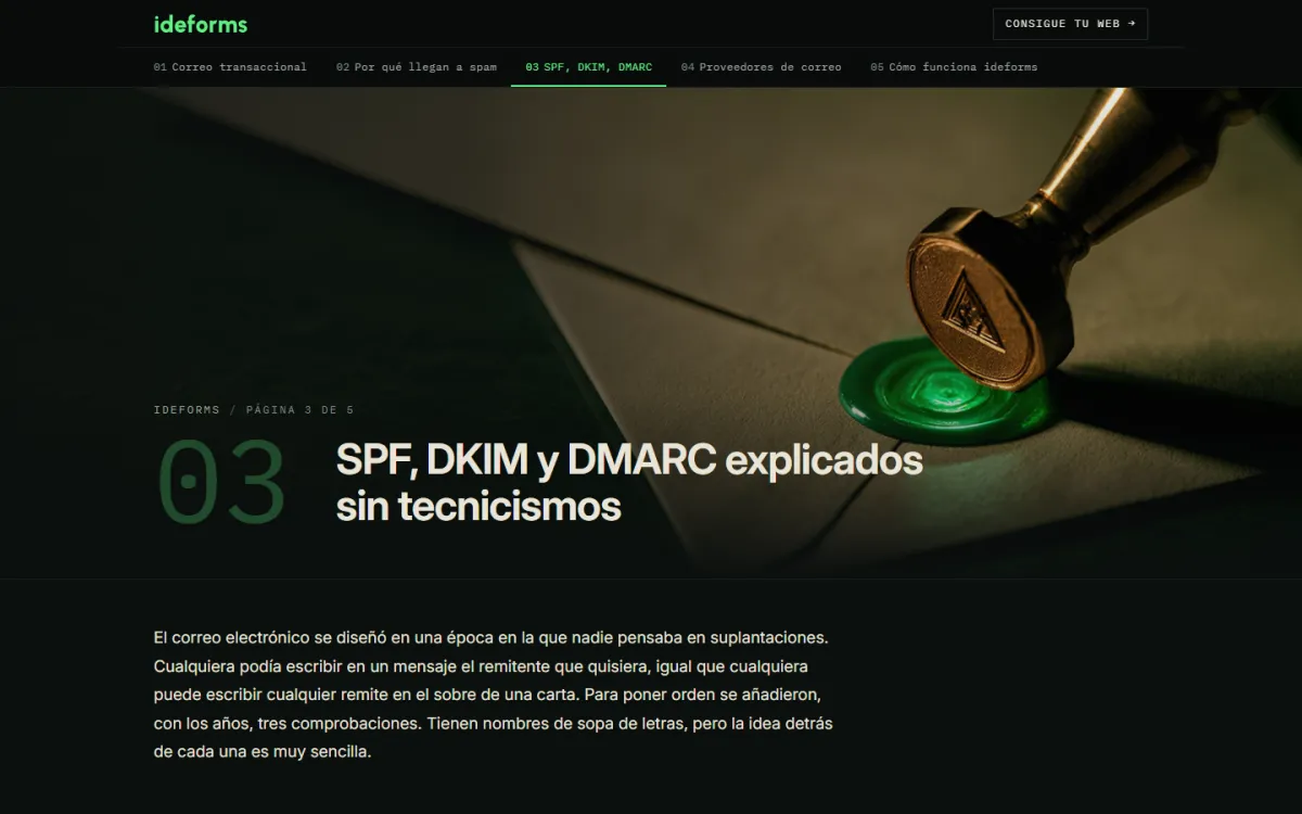 El artículo sobre SPF, DKIM y DMARC, con su número grande y un sello de lacre verde de fondo