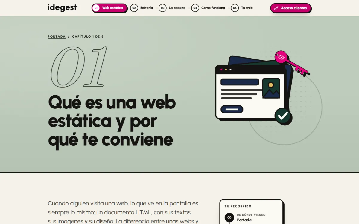 El primer capítulo, «Qué es una web estática y por qué te conviene», con un número grande y una ilustración