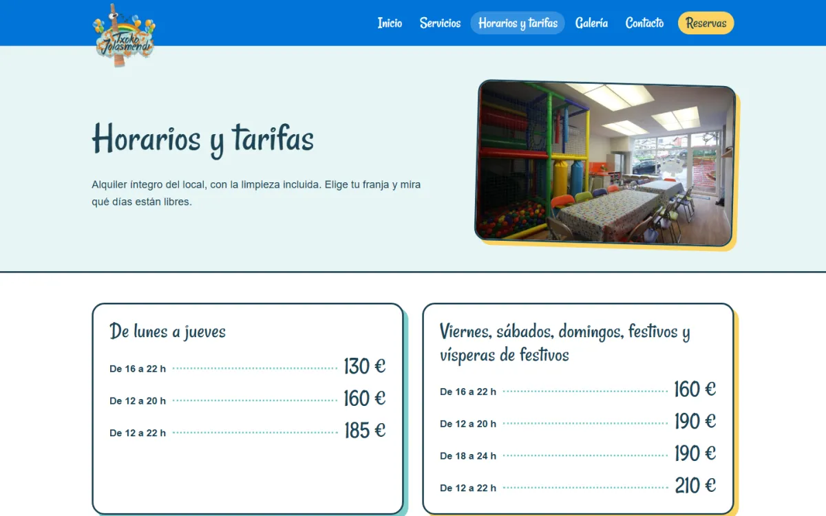 La página de horarios y tarifas, con dos recuadros de precios por franja horaria y la foto del local