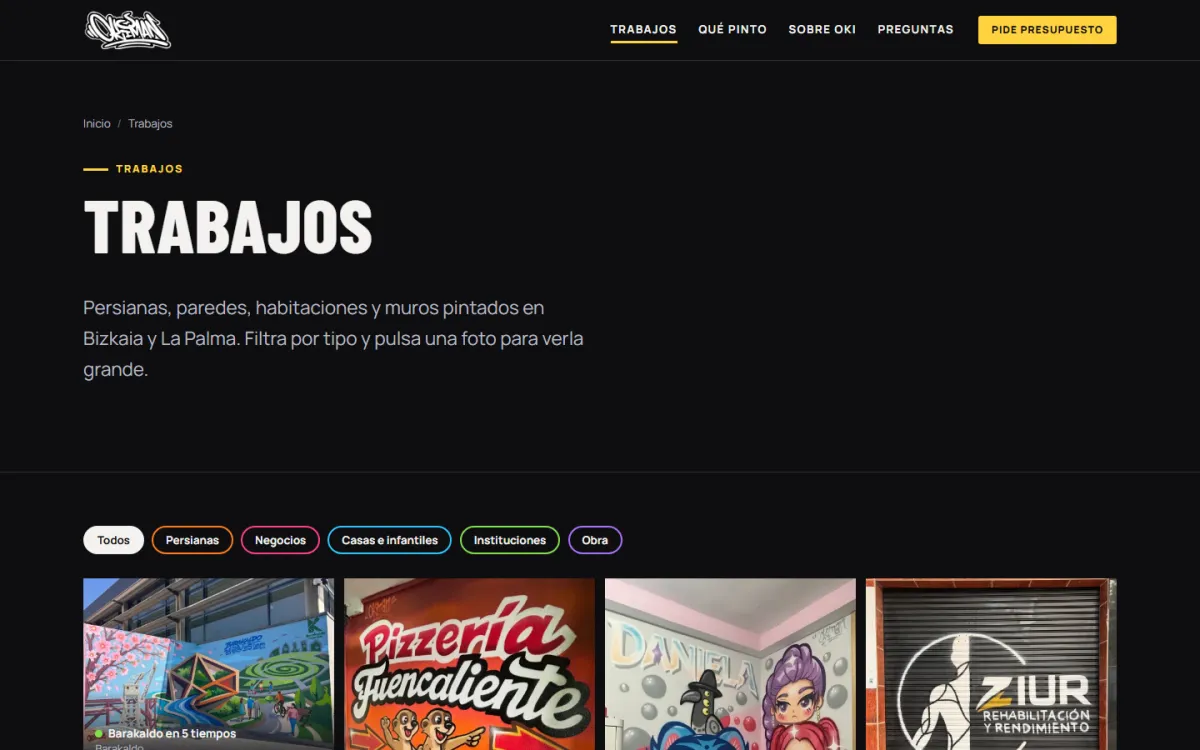 La página de trabajos, con filtros por tipo y una fila de fotografías de persianas y murales
