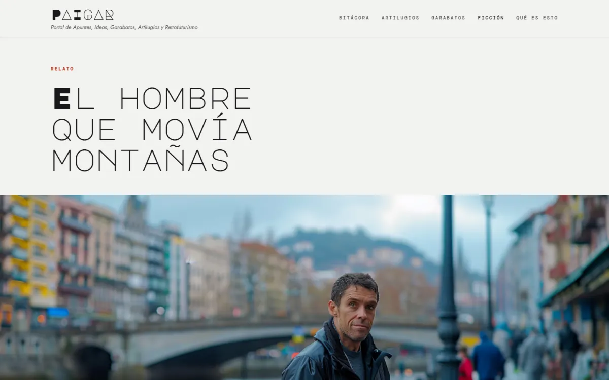 Un relato de ficción, con su título en letras muy espaciadas sobre una fotografía a todo ancho