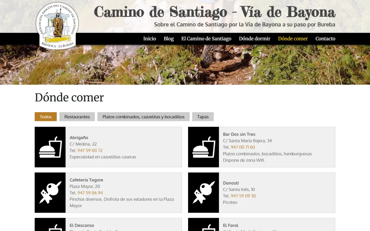 La página «Dónde comer», con filtros por tipo de local y una ficha por establecimiento con su dirección y su teléfono