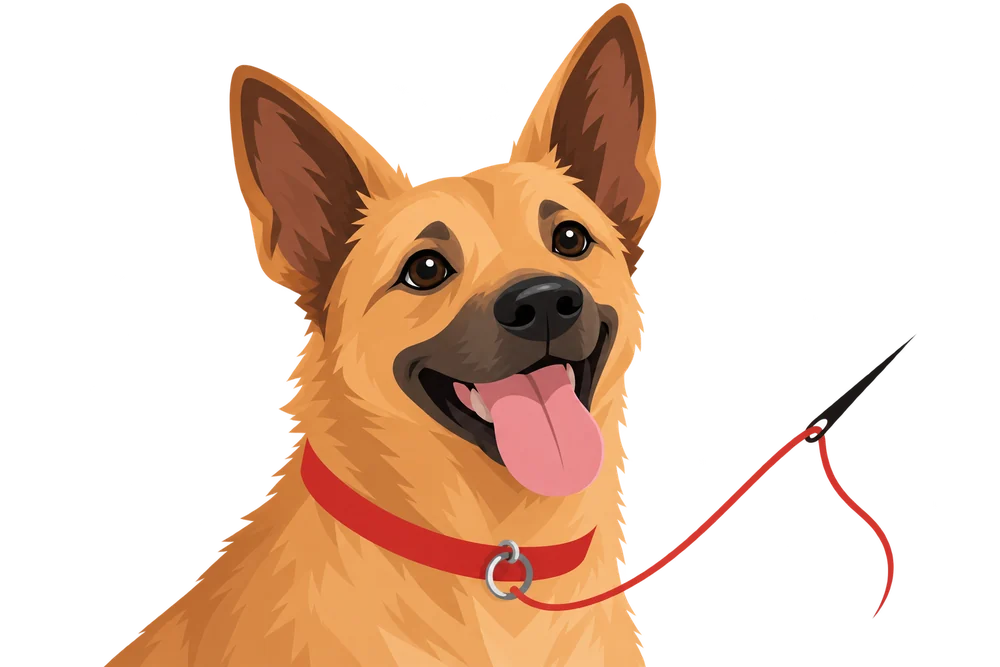 Nidel, un perro color canela con las orejas de punta y la lengua fuera, con el hilo de una aguja atado al collar rojo.